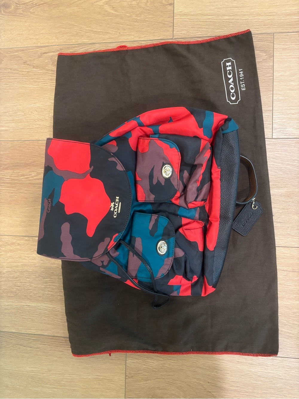 Coach Red & Teal Camouflage Nylon Backpack